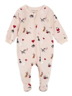 Petit Lem Pink Cat-Print Footed One-Piece